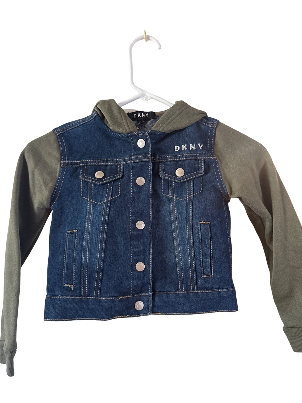 DKNY Denim Jacket Size 6X Blue Hoodie Layered Sleeves